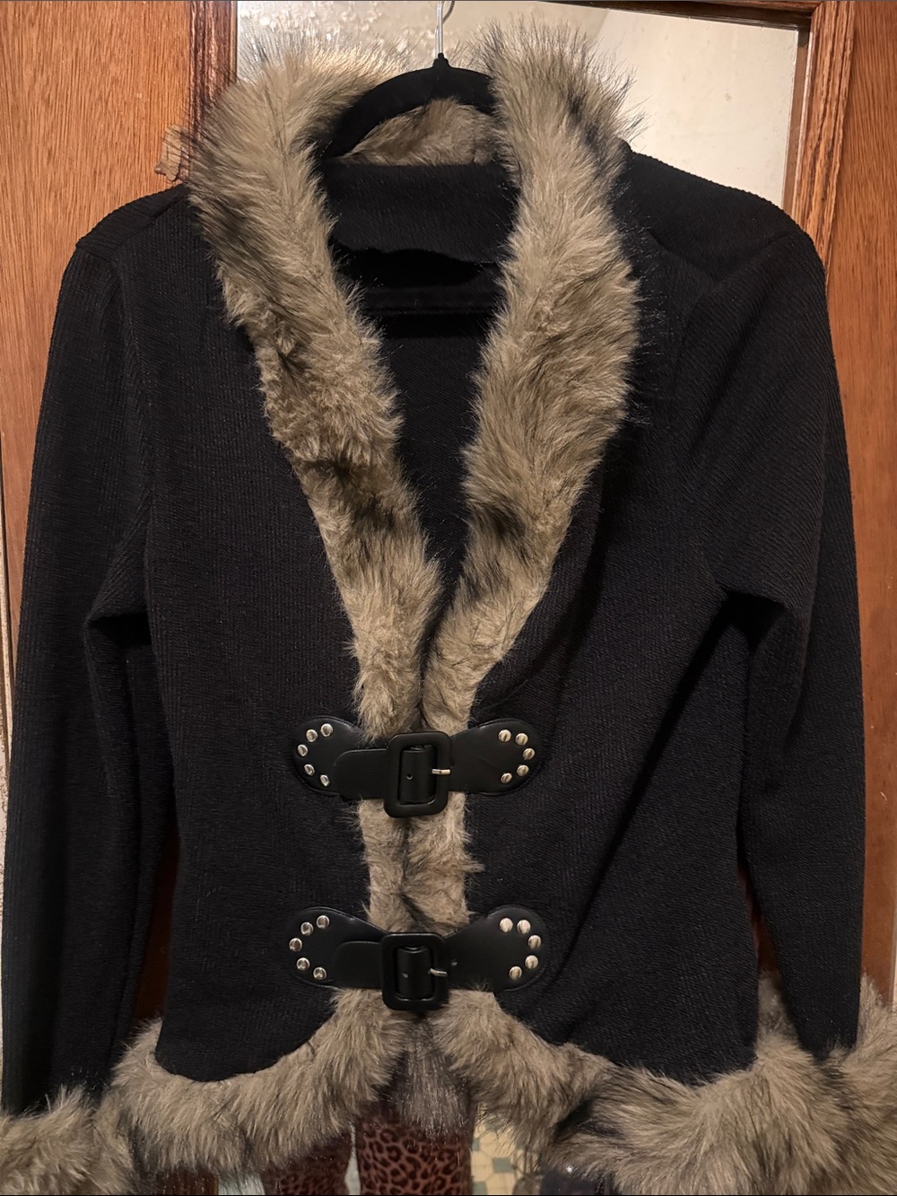ROMWE Black Knit Pea Coat with Tan Faux-Fur Trim